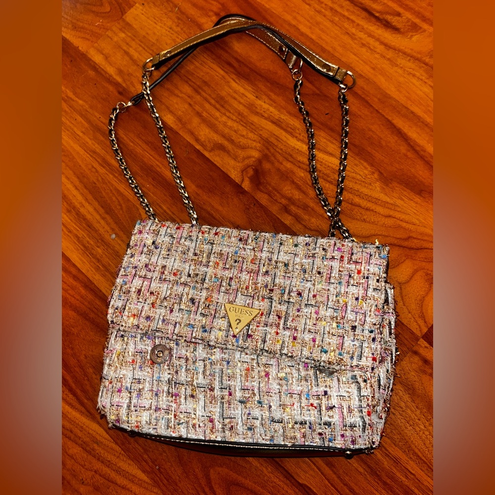 GUESS Colorful Tweed Crossbody Bag with Chain Strap